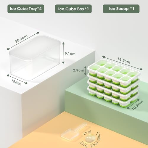 Ice Cube Tray with Lid and Bin - 4 Pack Silicone Plastic Ice Cube Trays