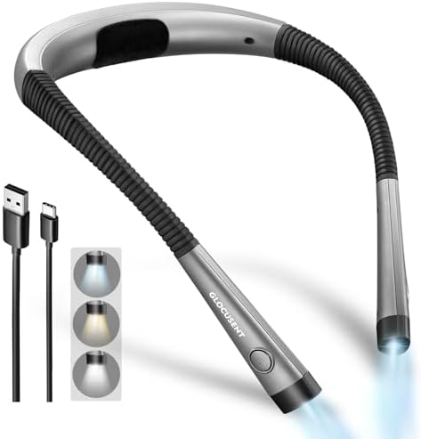 Glocusent Book Light - 3-Color & 6-Brightness Adjustable, Bendable Neck Light, 80-Hour Rechargeable Reading Lamp