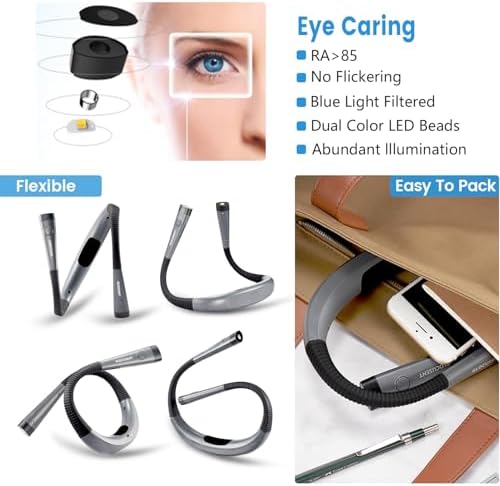 Glocusent Book Light - 3-Color & 6-Brightness Adjustable, Bendable Neck Light, 80-Hour Rechargeable Reading Lamp