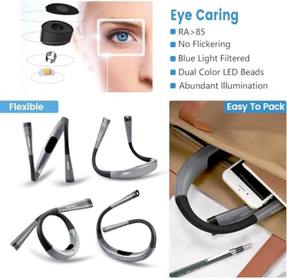 Glocusent Book Light - 3-Color & 6-Brightness Adjustable, Bendable Neck Light, 80-Hour Rechargeable Reading Lamp