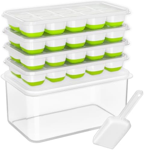 Ice Cube Tray with Lid and Bin - 4 Pack Silicone Plastic Ice Cube Trays