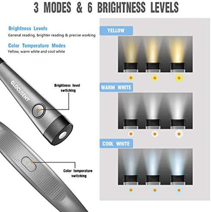 Glocusent Book Light - 3-Color & 6-Brightness Adjustable, Bendable Neck Light, 80-Hour Rechargeable Reading Lamp